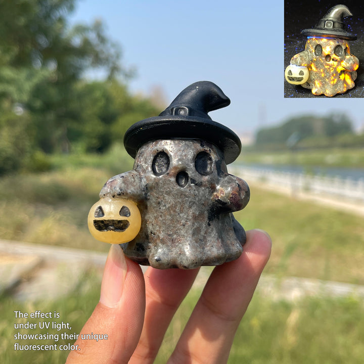 Natural Crystal Carving Witch Hat Ghost With Pumpkin Lantern