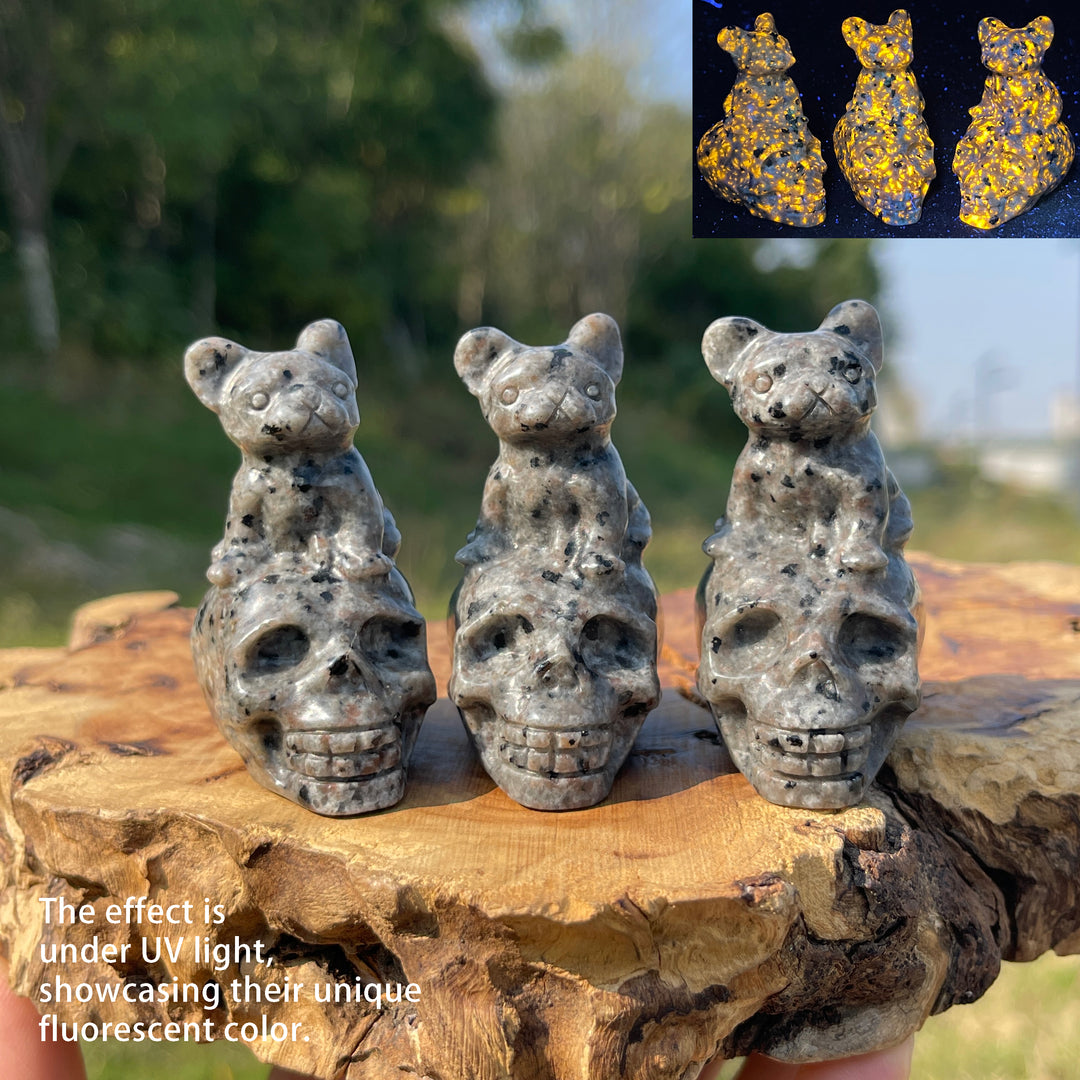 Natural Crystal Carving French Bulldog On Skull