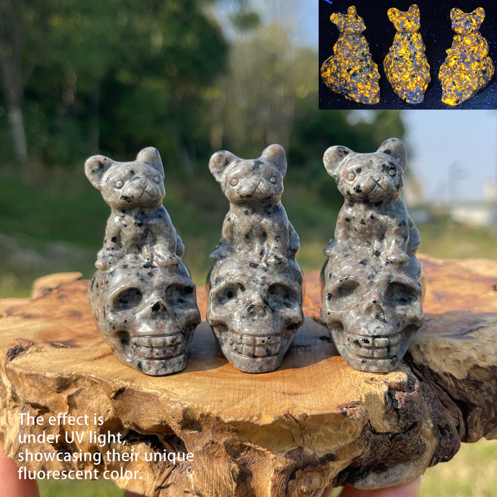 Natural Crystal Carving French Bulldog On Skull