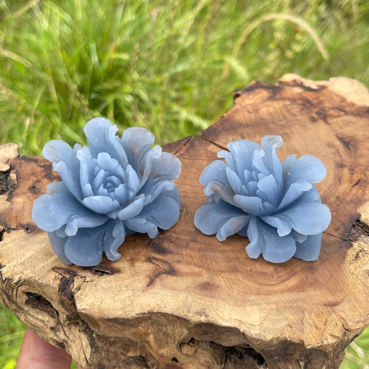 Unique,Natural Crystal Angelite Peony Flower Carving