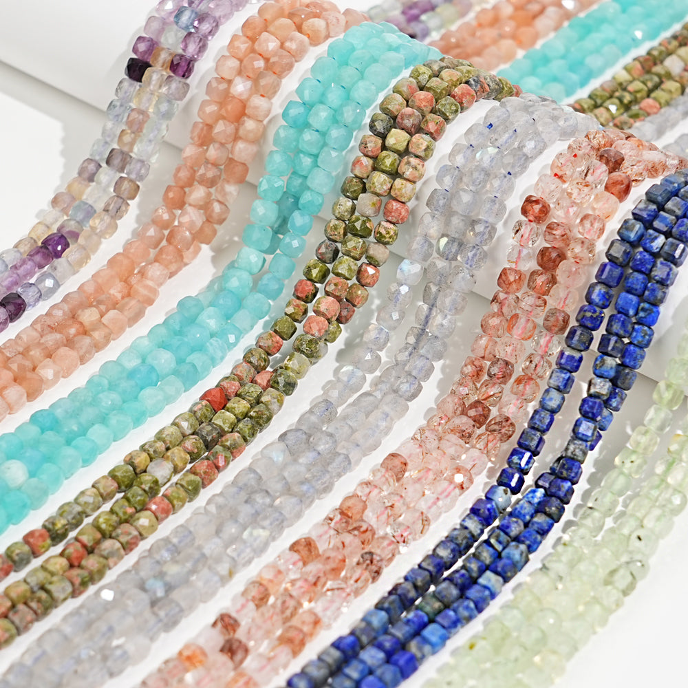 Natural Crystal Faceted Cube Dice Square Bead Strand