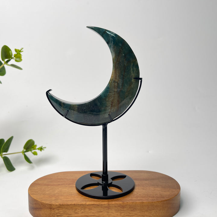 Unique,Natural Crystal Moss Agate Moon With Stand