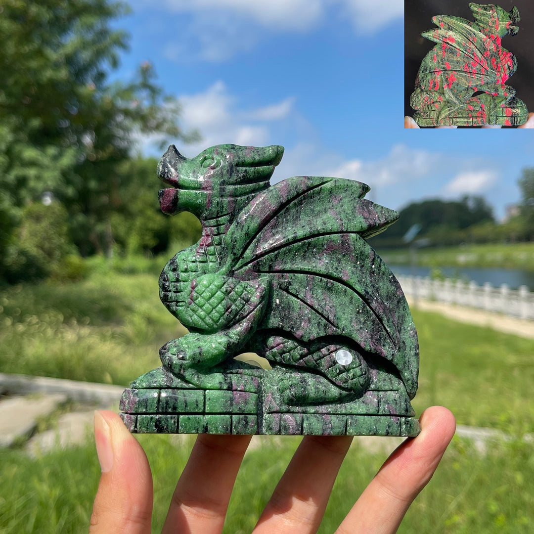 Unique,A Slightly Imperfect Natural Crystal Ruby In Zoisite Flying Dragon Carving