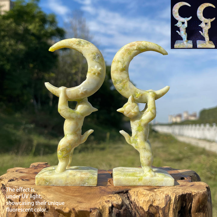 Natural Crystal Carving Serpentine Moon Cat