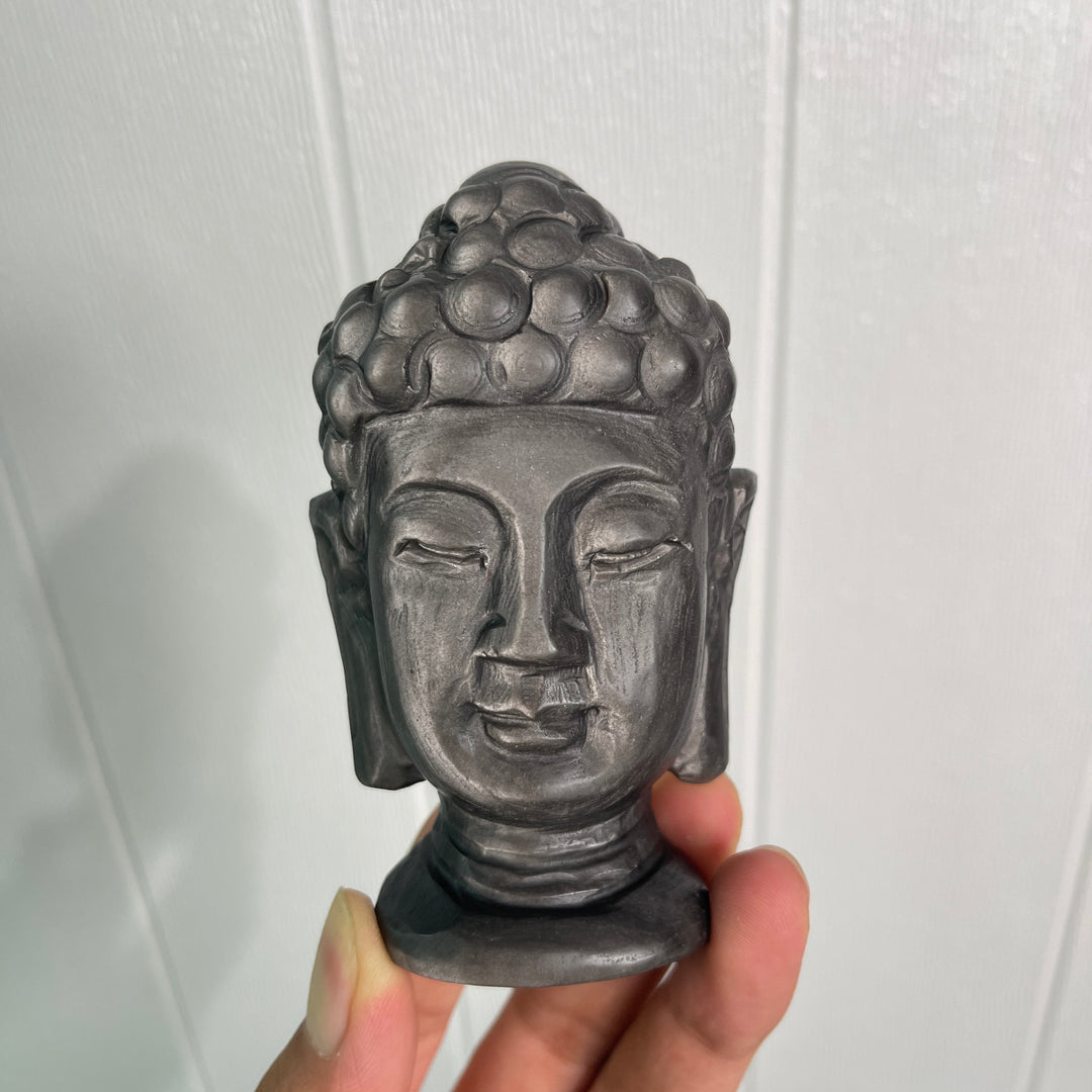 Unique,Natural Crystal Silver Obsidian Buddha Head Carving