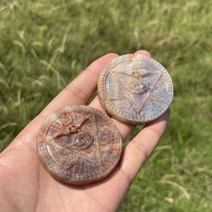Natural Crystal Sunstone Moonstone All-Seeing Eye Disc Carving