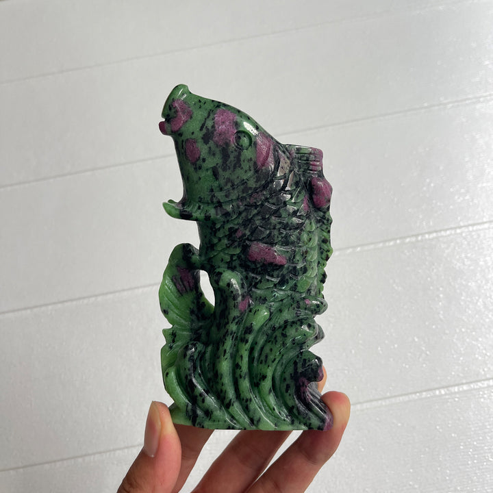 Unique,Natural Crystal Ruby In Zoisite Koi Fish Carving