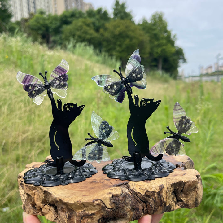 A Slightly Imperfect Natural Fluorite Cat Chasing Butterfly Display Ornament