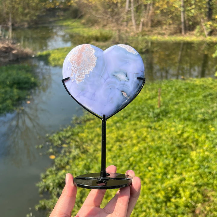 Blue Flower Agate Heart+Holder