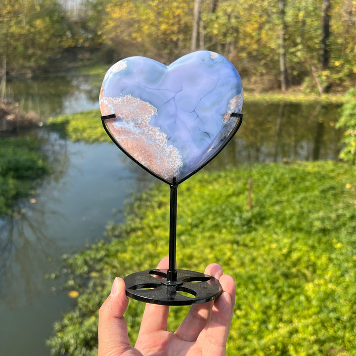 Blue Flower Agate Heart+Holder