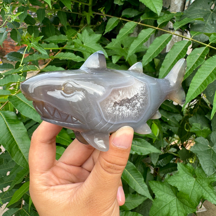 Sculpture de requin unique en jaspe océanique/agate