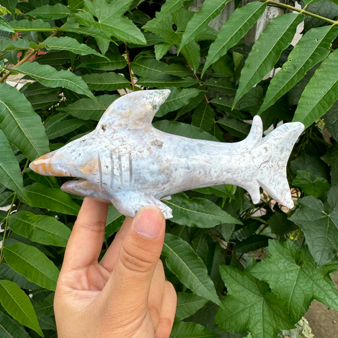 Sculpture de requin unique en jaspe océanique/agate