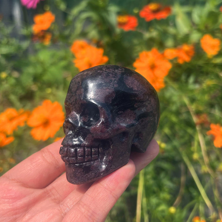 Arfvedsonite with Garnet Stone Skull