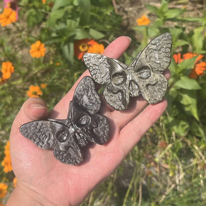 Crâne de papillon en obsidienne dorée/argentée