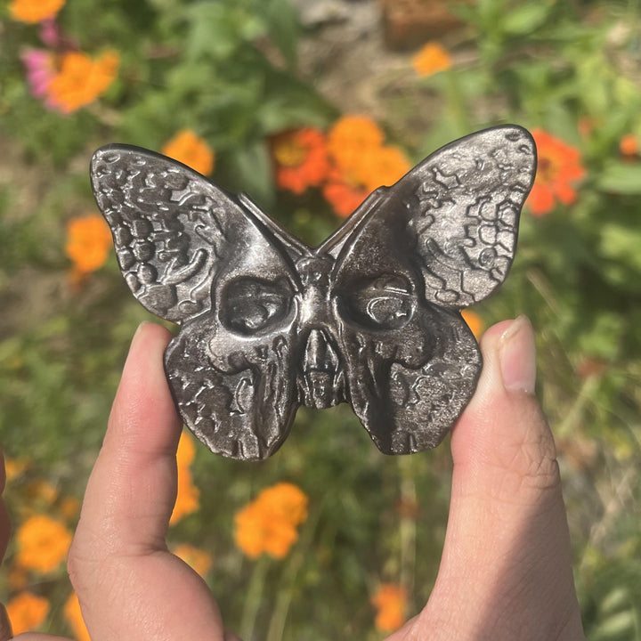 Crâne de papillon en obsidienne dorée/argentée