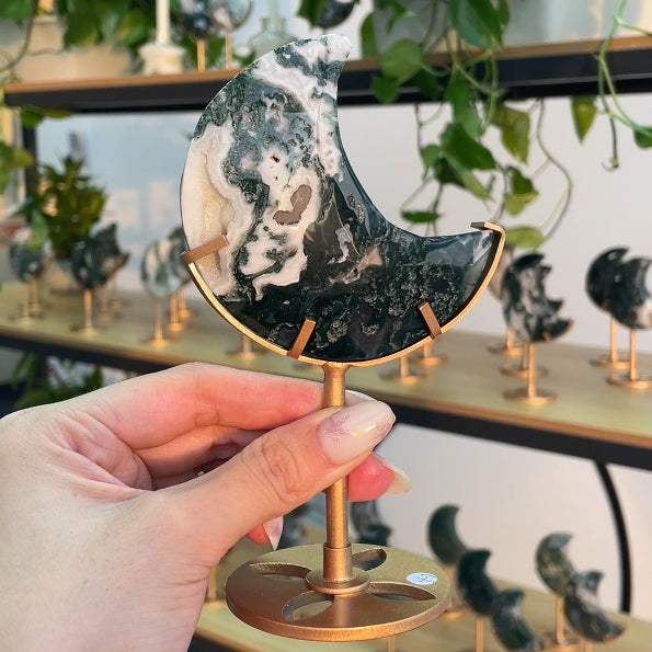 Moss Agate Moon With Stand