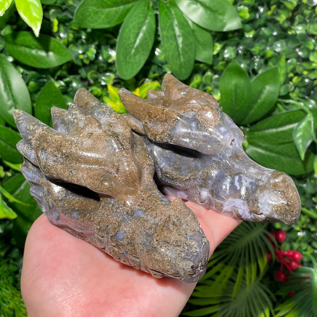 Moss Agate Dragon Skull