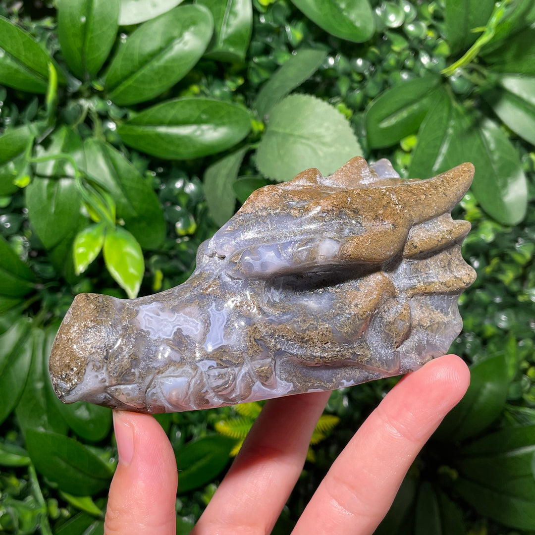 Moss Agate Dragon Skull