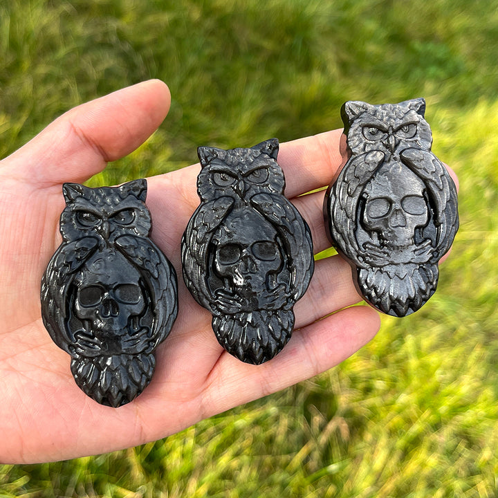 Natural Silver Obsidian Owl With Skull