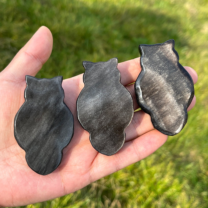 Natural Silver Obsidian Owl With Skull