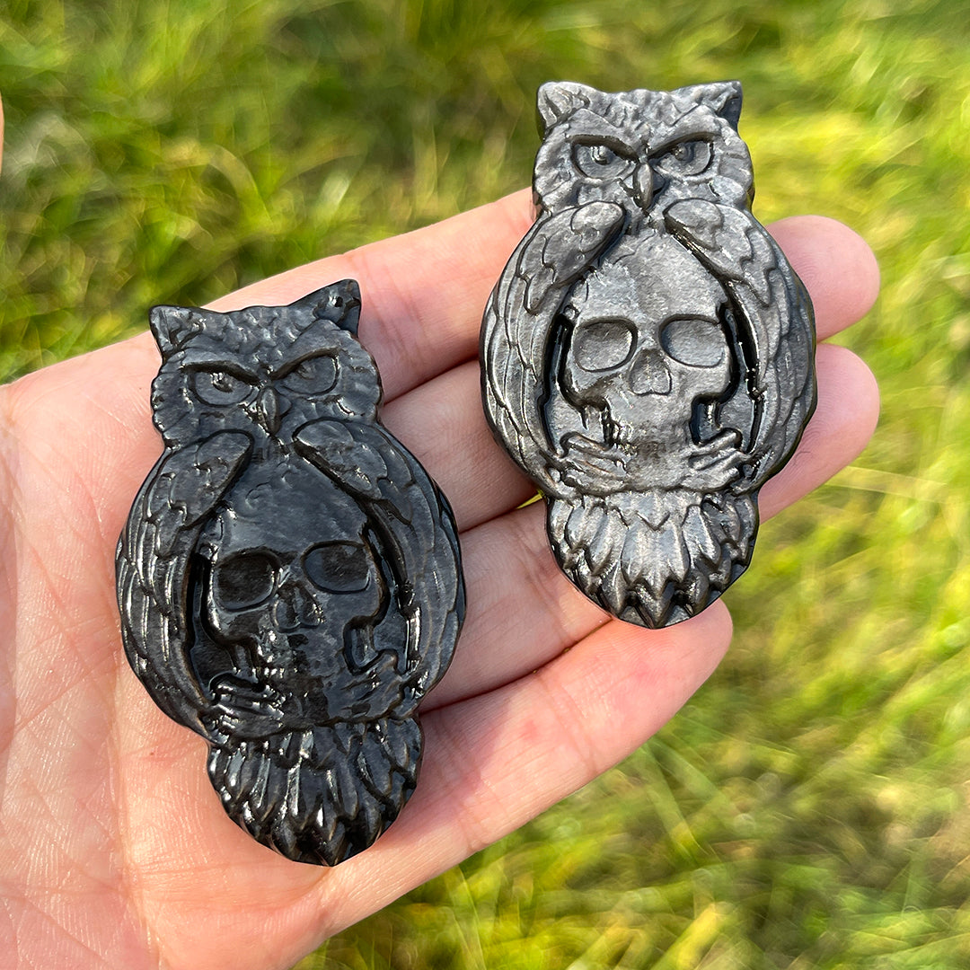 Natural Silver Obsidian Owl With Skull