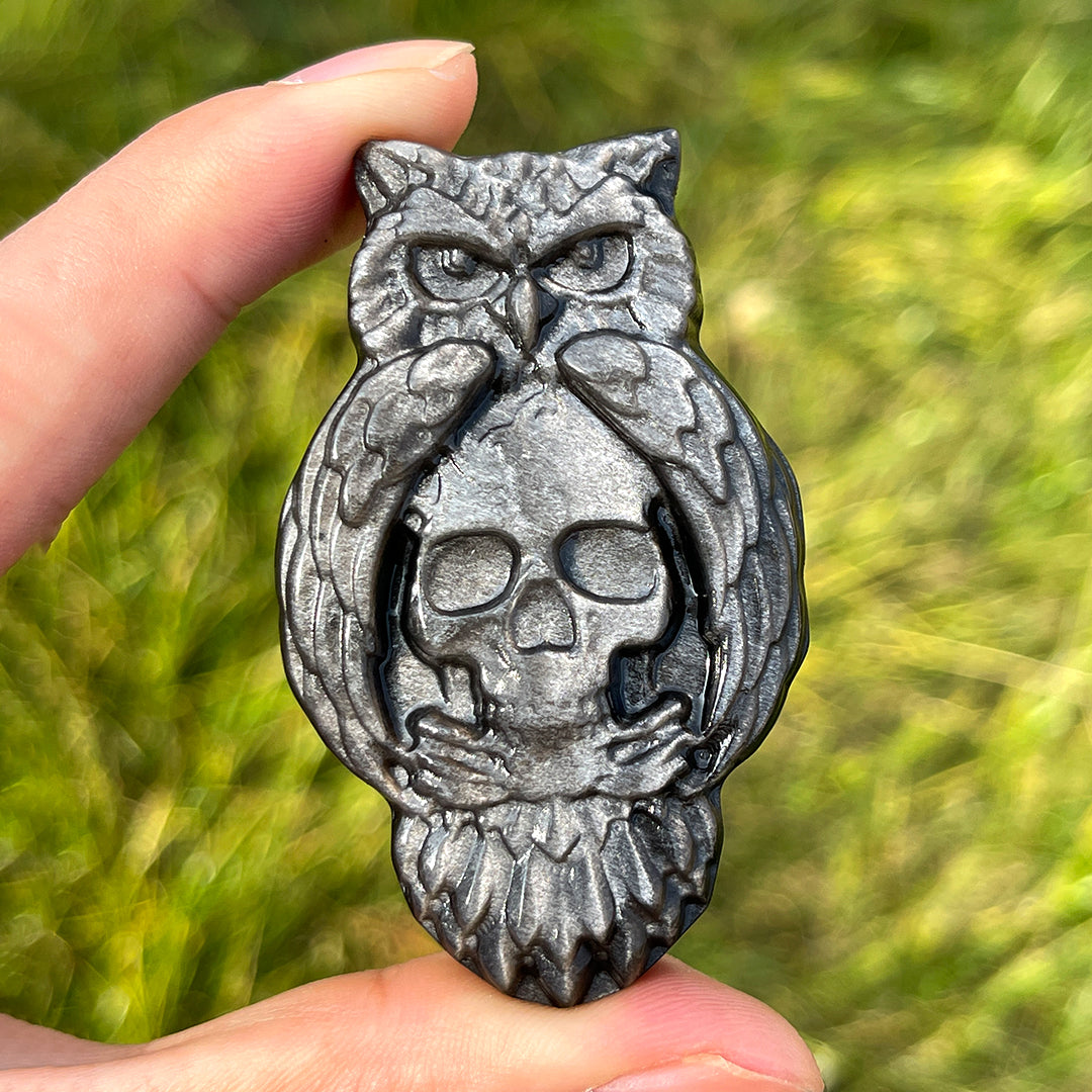 Natural Silver Obsidian Owl With Skull