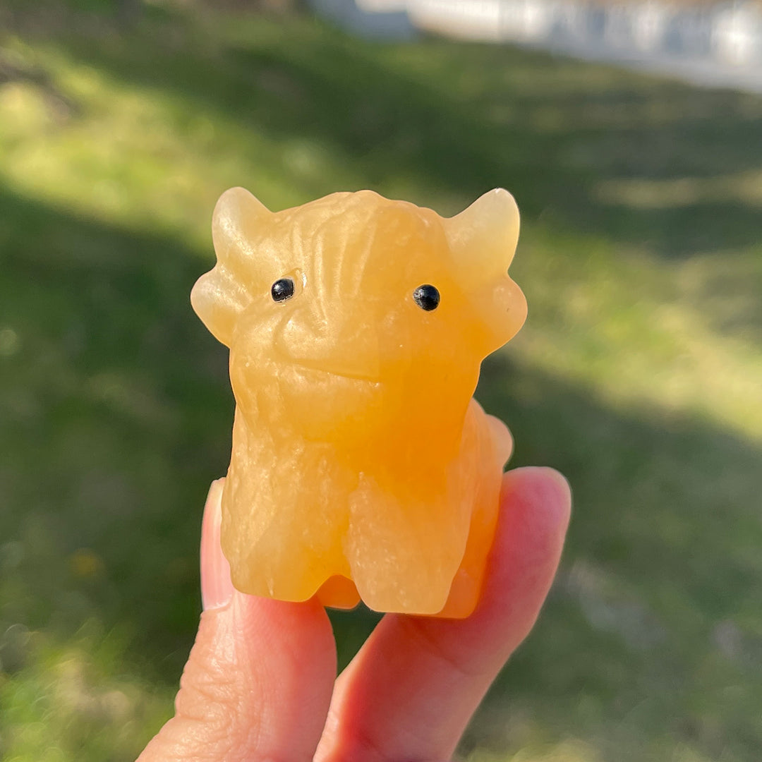 Natural Carving Yellow Calcite Highland Cow