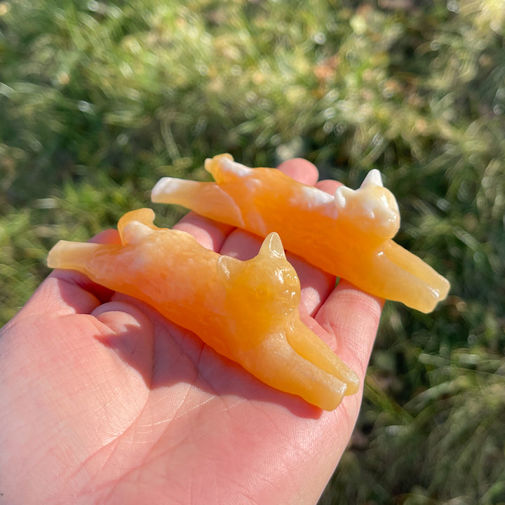 Natural Yellow Calcite Long Lying Cat