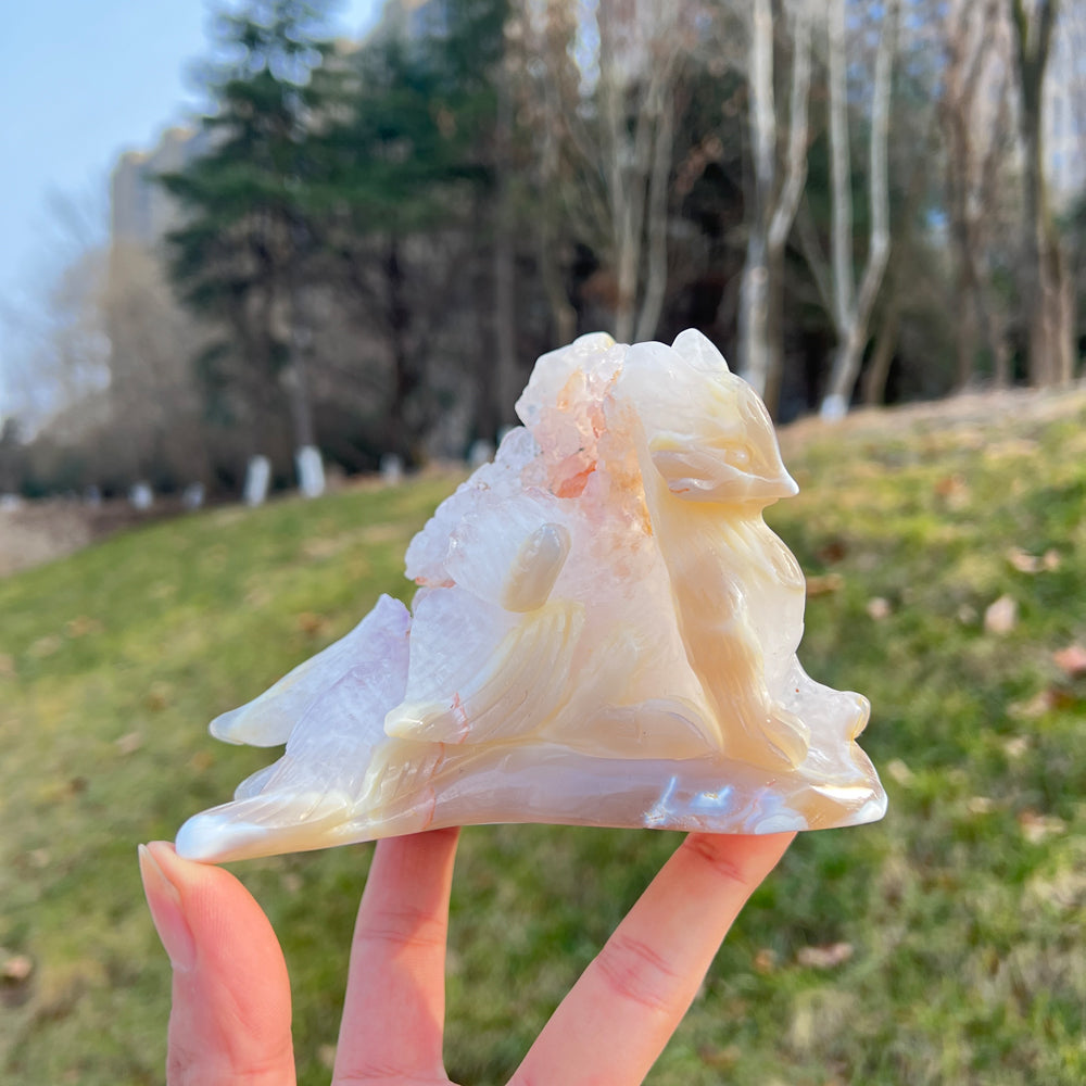 Unique,Natural Crystal Carving Orca Agate Nine-Tailed Fox