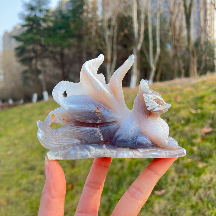 Unique,Natural Crystal Carving Orca Agate Nine-Tailed Fox