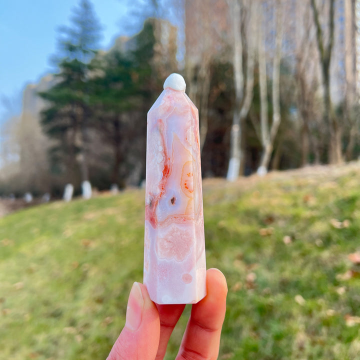 Natural Crystal Pink Flower Agate Point