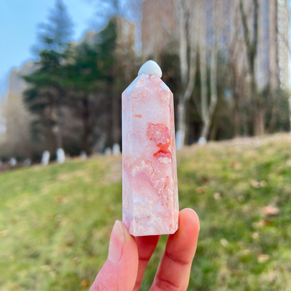 Natural Crystal Pink Flower Agate Point