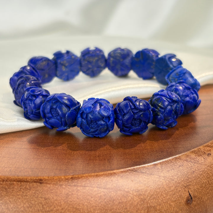 Lapis Lazuli Carved Rose Bracelet 12.8-14mm