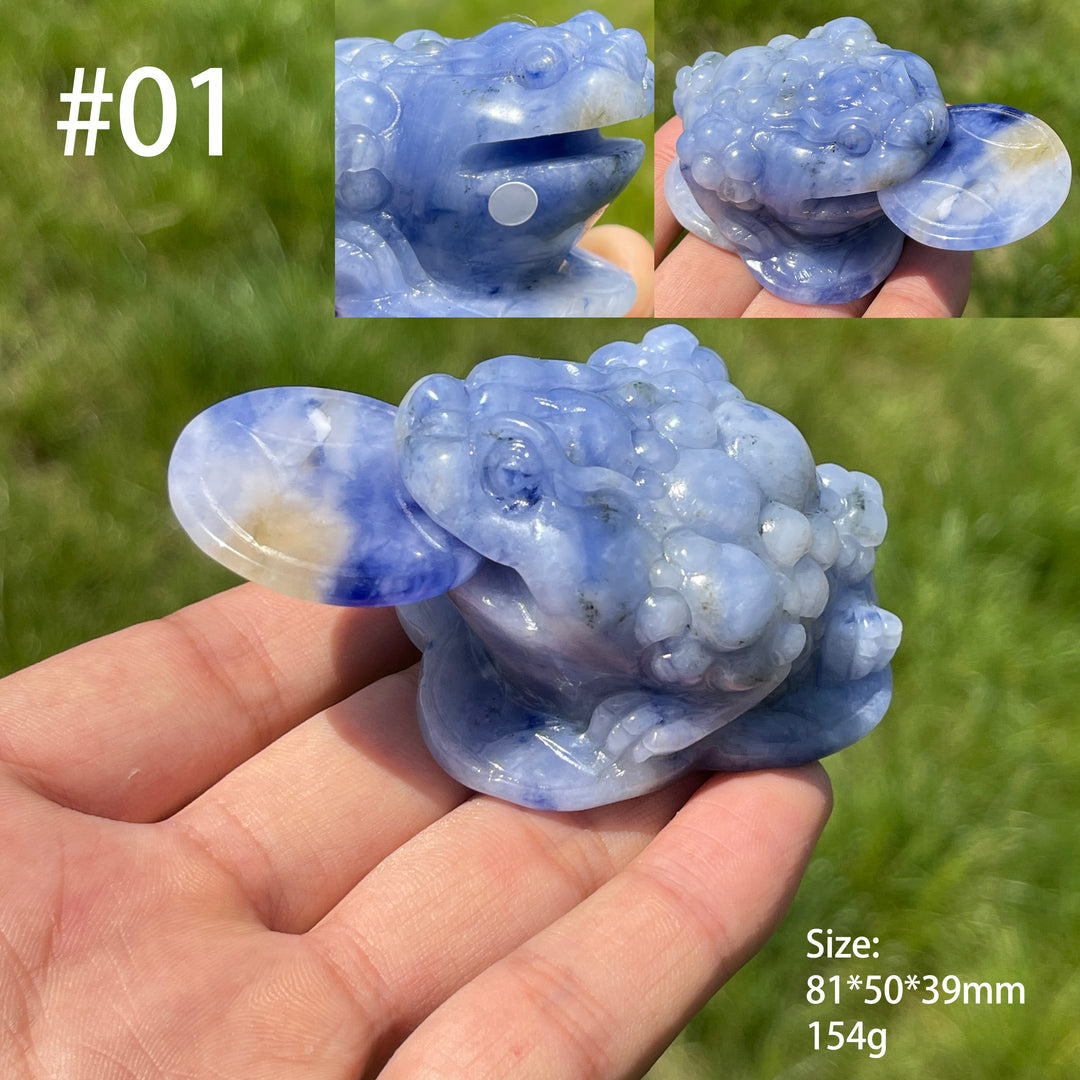 Unique,A Slightly Imperfect Natural Blue And White Sodalite Money Toad Carving