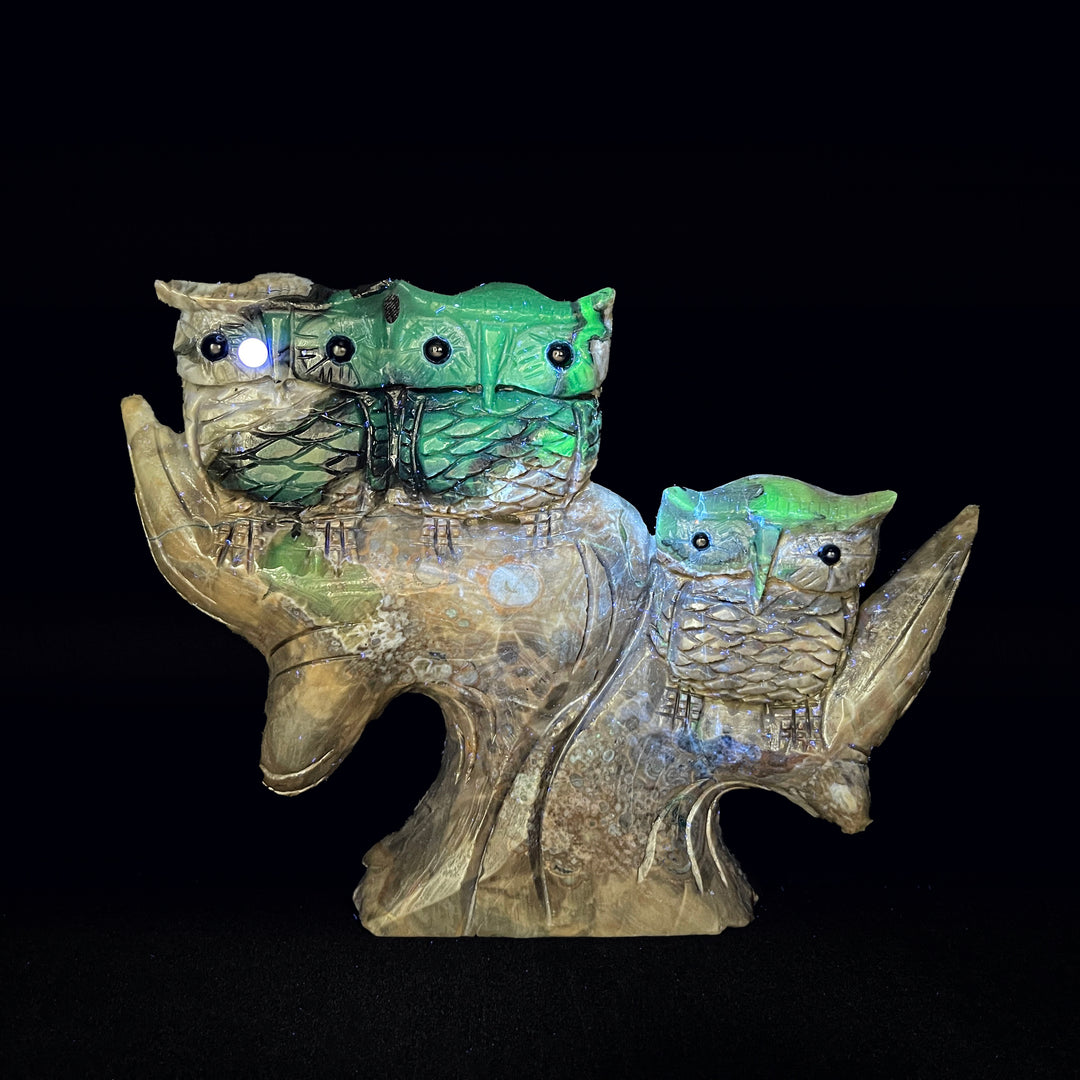 Unique,A Slightly Imperfect Natural Volcanic Agate Owl Family Carving