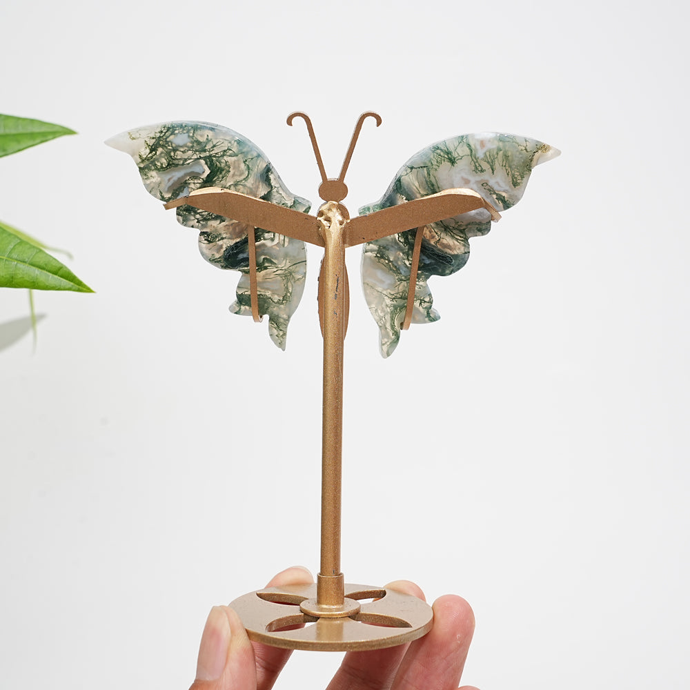 Exhibición de Alas de Mariposa de Ágata Musgo Natural Imperfecta Ligeramente Única