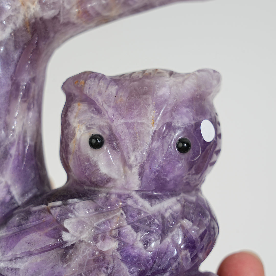 Unique,A Slightly Imperfect Natural Crystal Dream Amethyst Owl On Tree Branch Carving