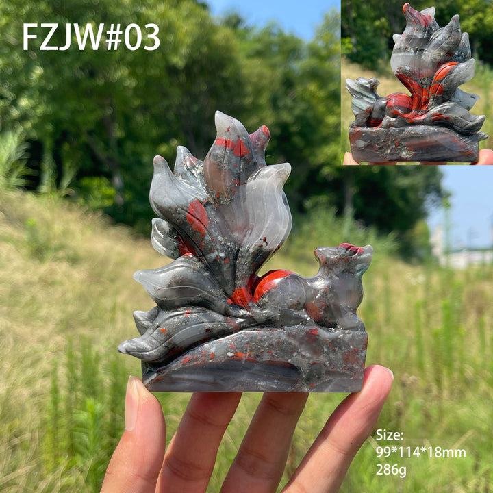 Unique,Natural Crystal African Bloodstone Nine-Tailed Fox Carving