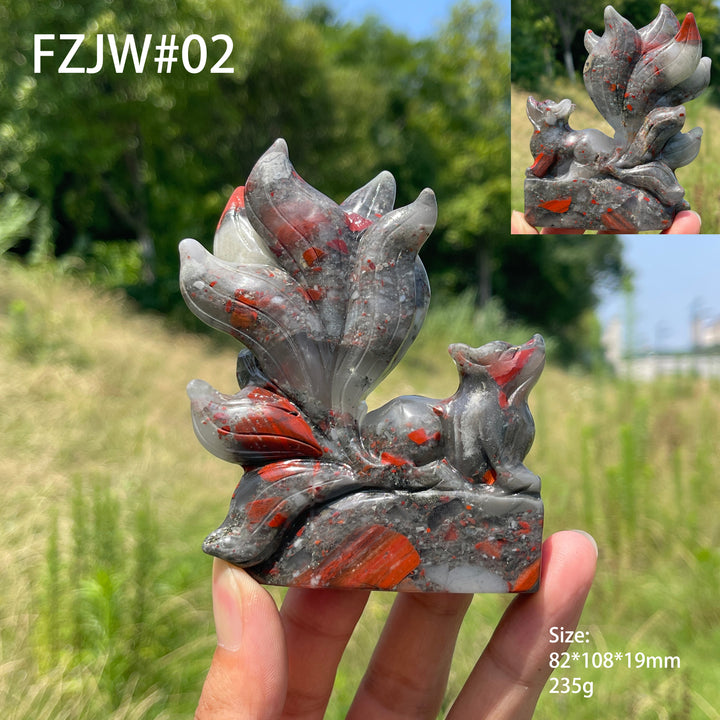 Unique,Natural Crystal African Bloodstone Nine-Tailed Fox Carving
