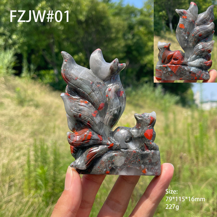 Unique,Natural Crystal African Bloodstone Nine-Tailed Fox Carving