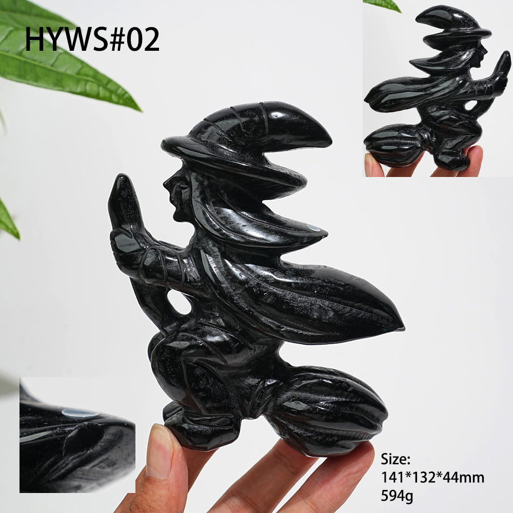 Unique,A Slightly Imperfect Natural Black Obsidian Witch On Broom Carving