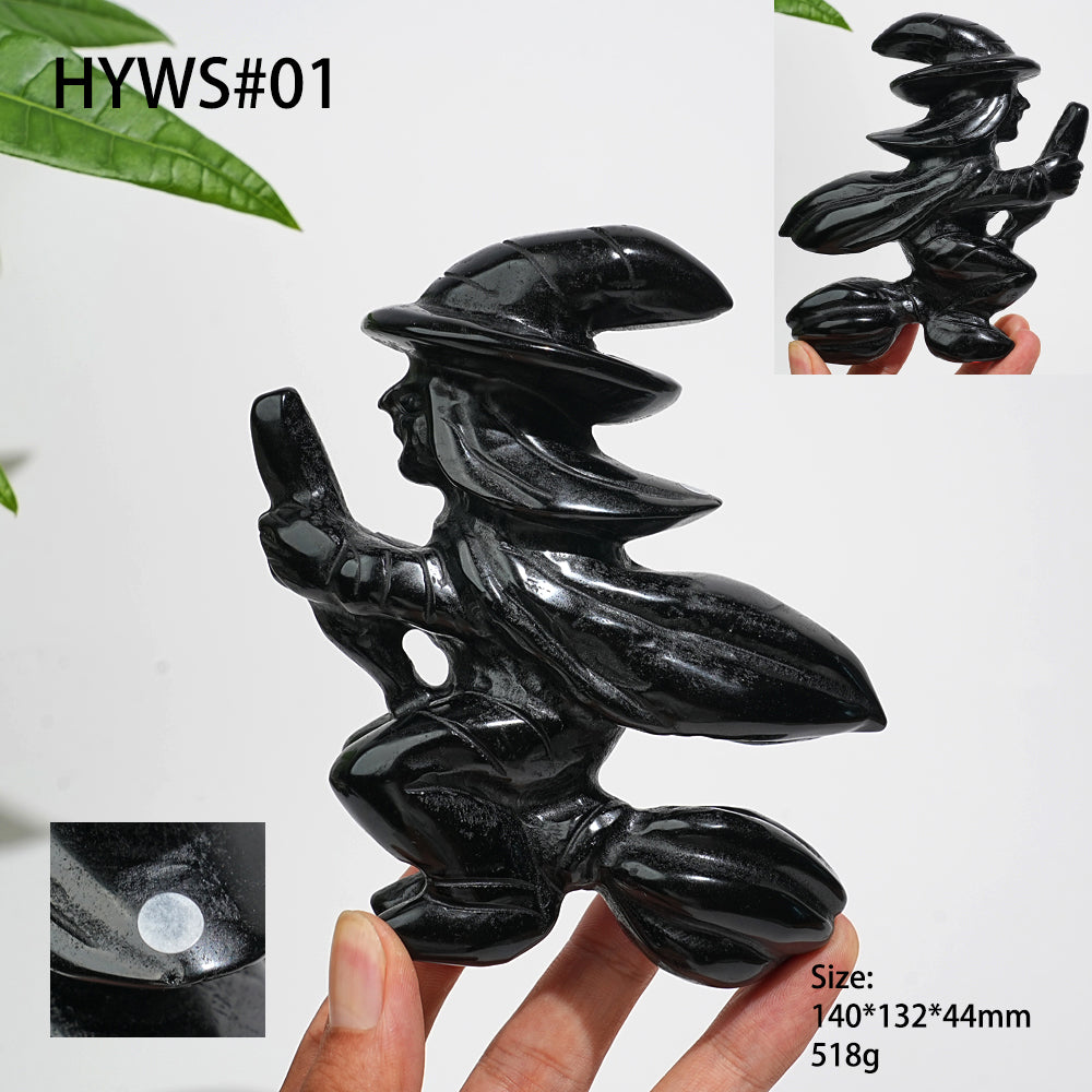 Unique,A Slightly Imperfect Natural Black Obsidian Witch On Broom Carving