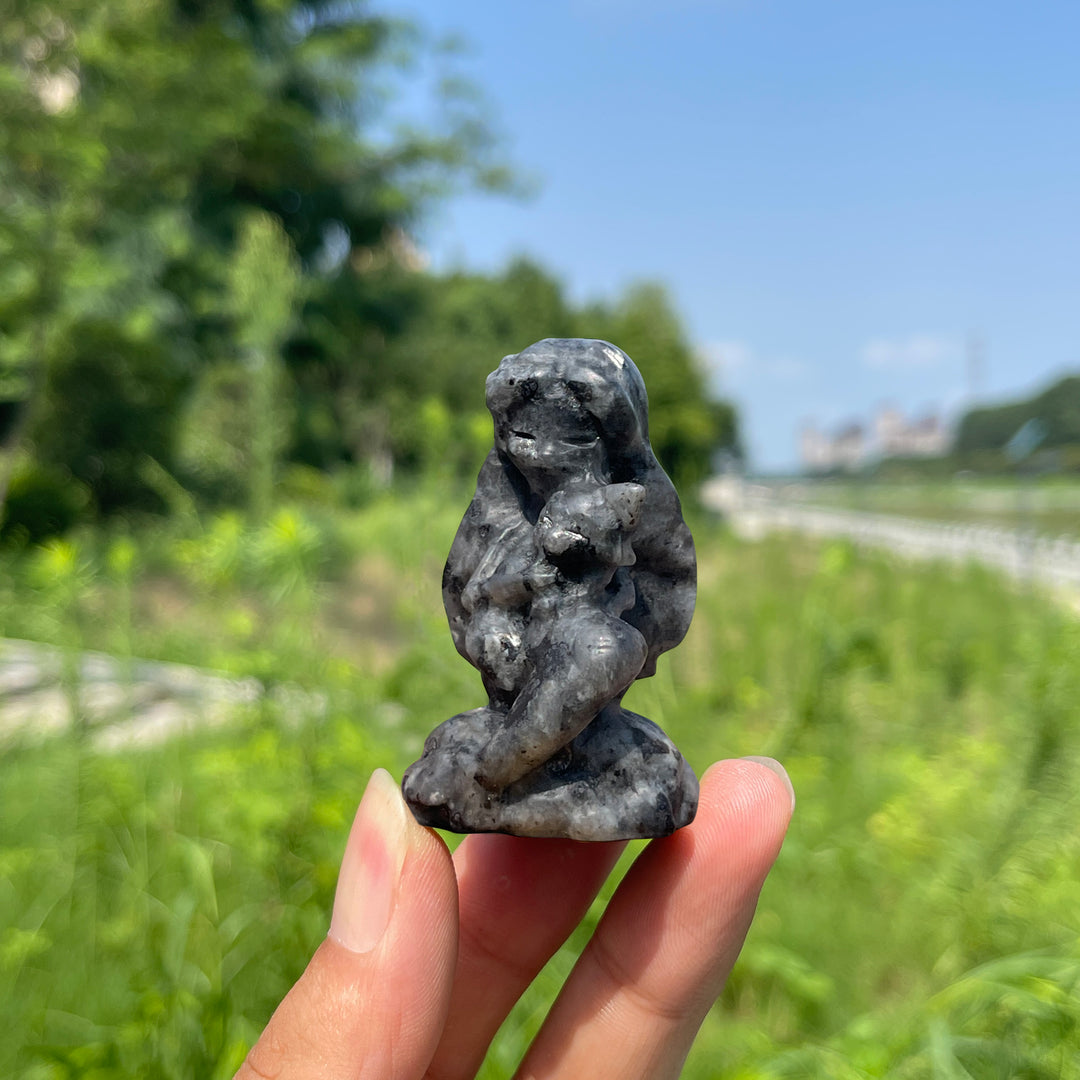 Natural Crystal Mermaid Holding Nine-Tailed Fox Carving