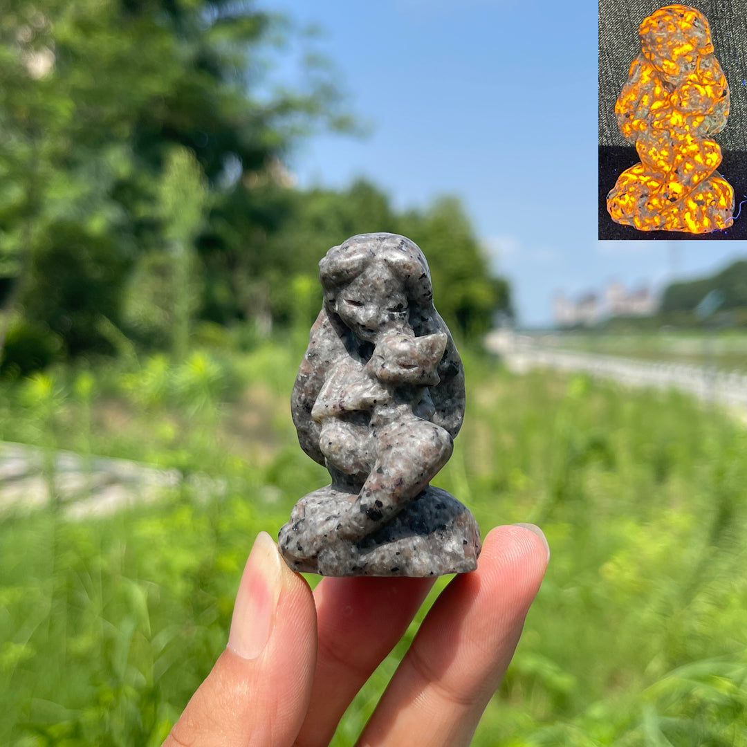 Natural Crystal Mermaid Holding Nine-Tailed Fox Carving
