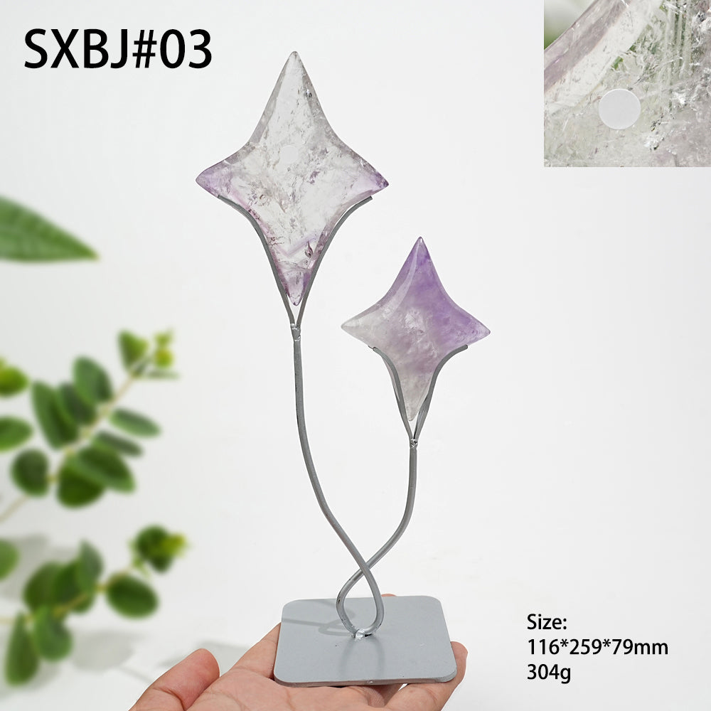 Unique,A Slightly Imperfect Natural Crystal Twin Star Carving With Stand