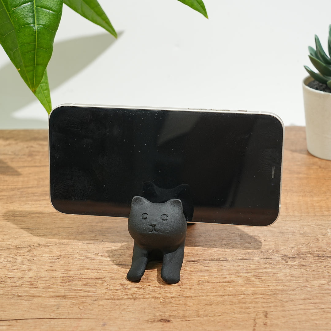Natural Crystal Black Obsidian Cat Phone Holder