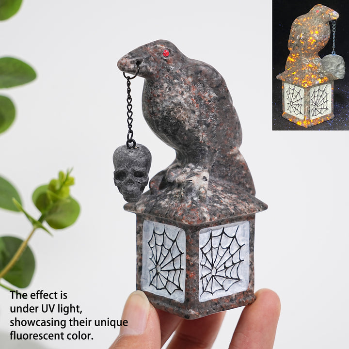 Natural Crystal Carving Crow With Skull