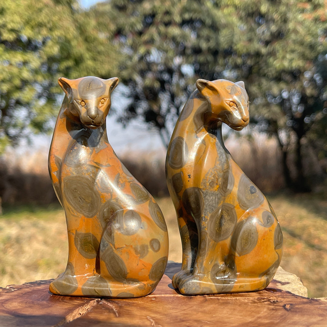 Natural Leopard Skin Jasper Looking Back Leopard Carving