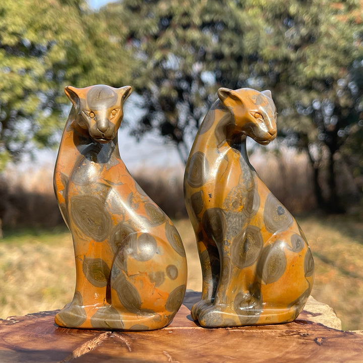 Natural Leopard Skin Jasper Looking Back Leopard Carving