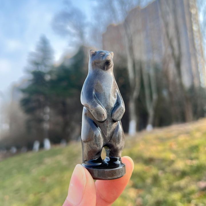 Natural Crystal Carving Silver Obsidian Standing Bear